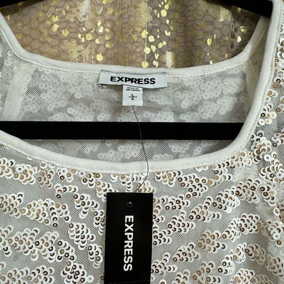 Express Ivory Gold Sparkly Sequin Puff Long Sleeve Blouse Large NWT - Picture 4 of 7